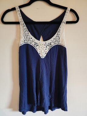 Navy Blue Crochet Lace Trim Tunic Tank Top - Size Small